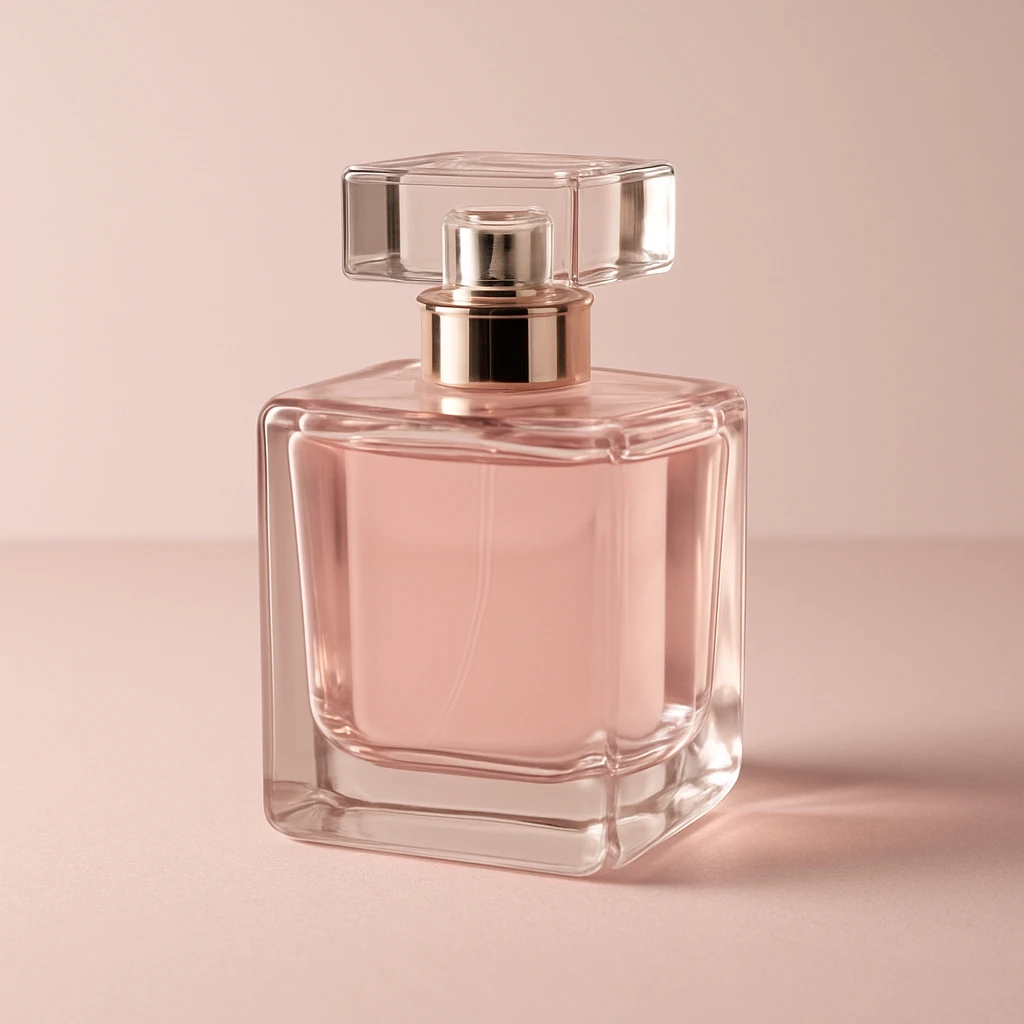 aesthetic pink perfume bottle, minimalist elegant glass, gentle highlights, chic and modern emoji