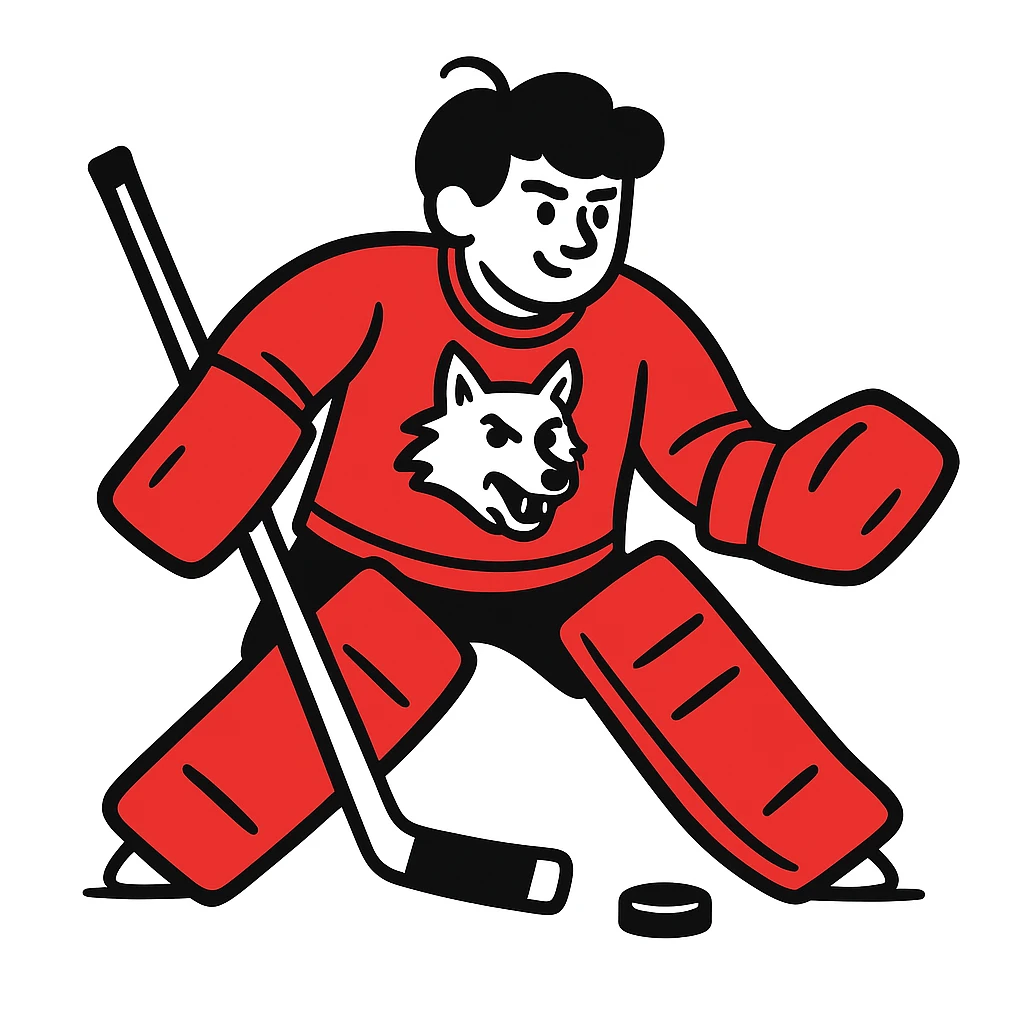 A hockey goalkeeper in red uniform with wolf image, black doodle style emoji