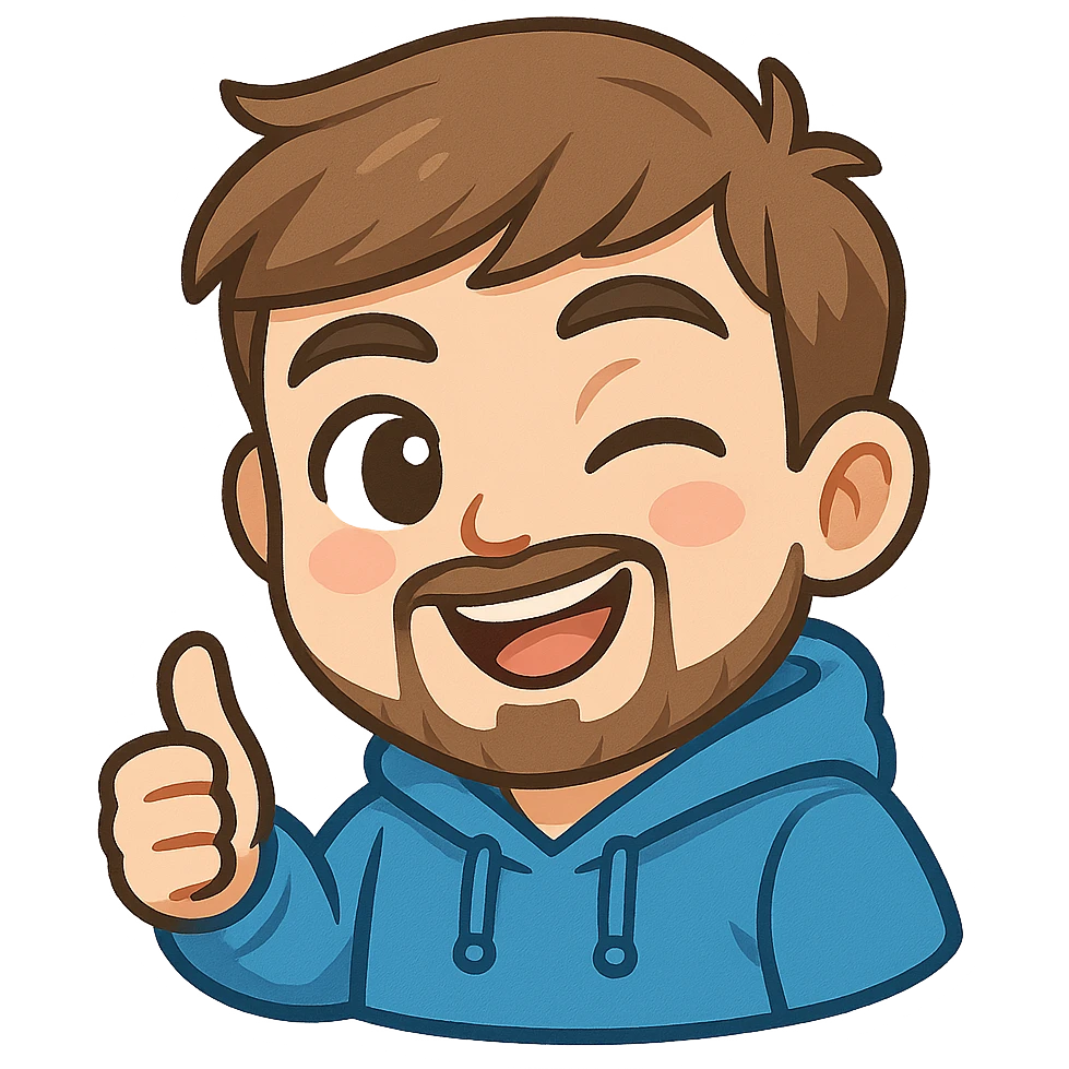 cartoon emoji of MrBeast winking, giving a thumbs up, blue hoodie, trimmed beard, brown hair emoji