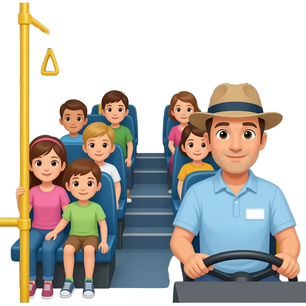 People on the bus Many children and driver hat and name shirt steer the steering wheel on the bus emoji