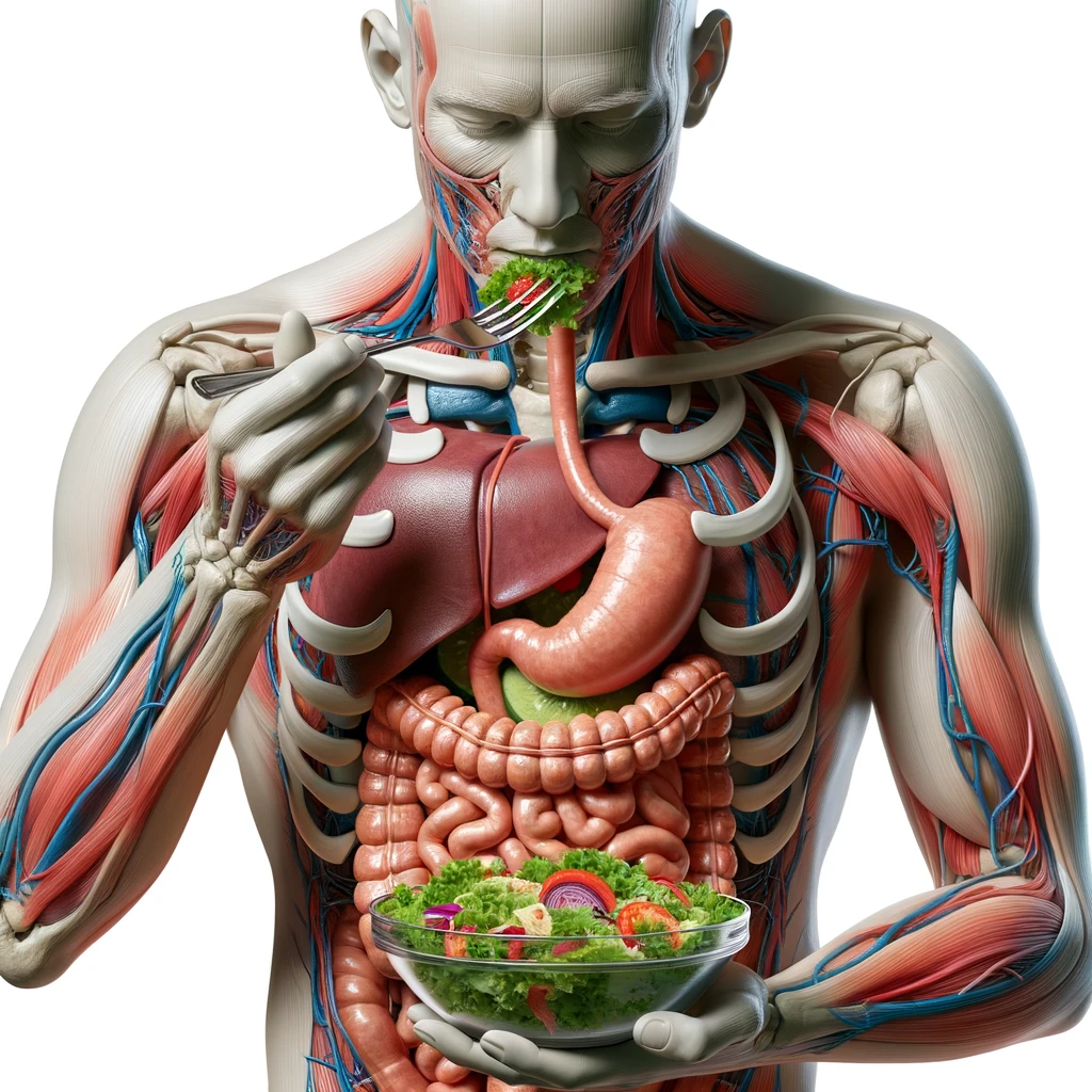corpo umano anatomico con intestino in evidenza mentre mangia un'insalata con espressione neutra in volto, iperrealistico 4k, isolato su sfondo bianco emoji