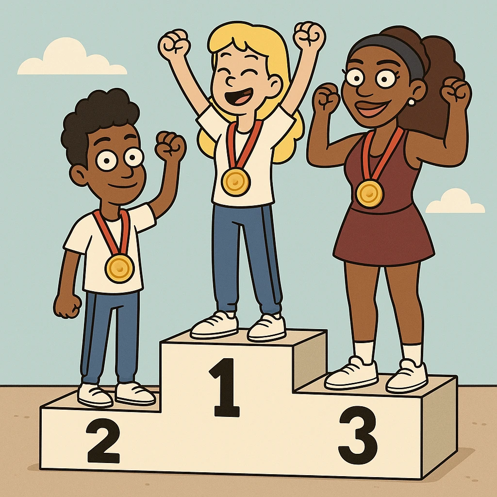winners podium girl yellow hair Olympic Gold Medal a boy brown skin black Classic Curl hair Olympic Gold Medal Serena Williams Olympic Gold Medal  emoji
