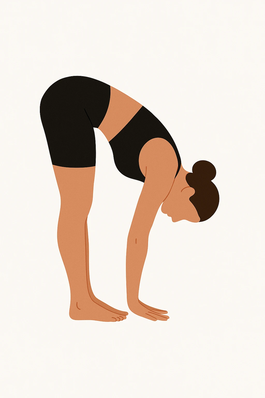 Minimalist flat vector illustration of a woman doing yoga in forward fold pose (Uttanasana), wearing sportswear (black top and black shorts), brown hair in a bun, clean white background, no face details, elegant style emoji