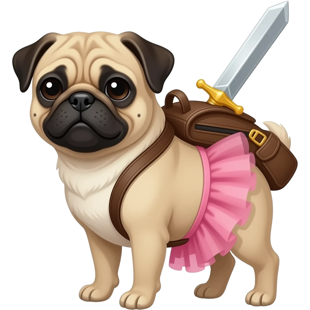 Pug com um tutu rosa  com um mochilas com  formato de pug é um espada  dentro emoji