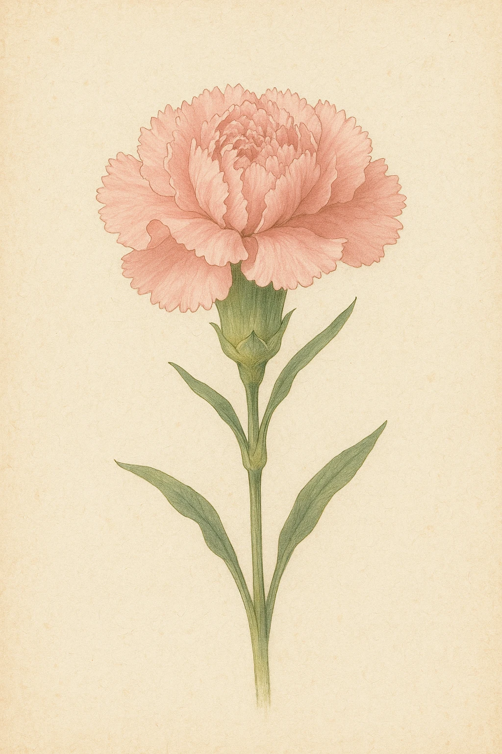 a single carnation flower, realistic style, soft pink petals, green stem, detailed botanical illustration emoji