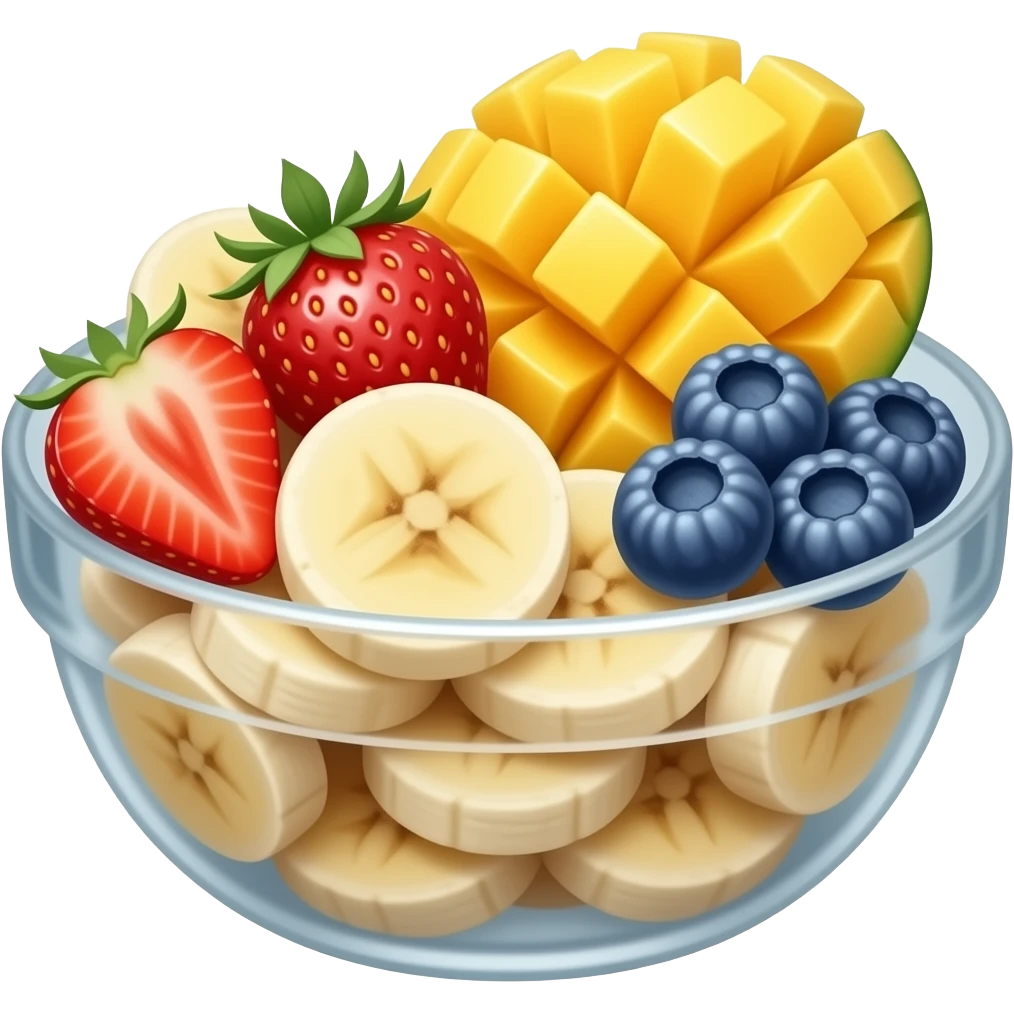 bowl of glass with slices of banana, strawberry, mango and blue raspberrie on the top emoji