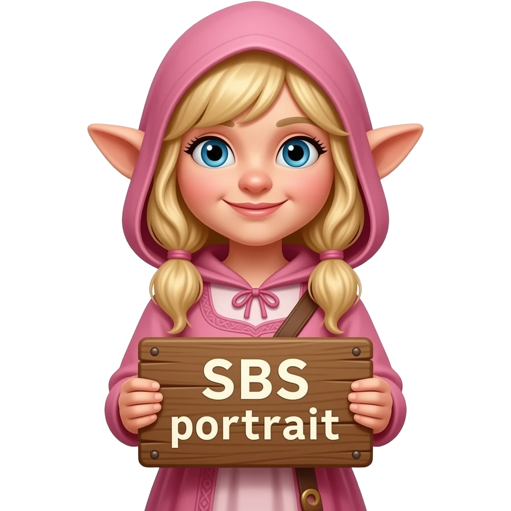 Gnomo feminina . Loira , com capuz rosa , orelhas de gnomo também. Outfit de vestido rosa também estilo rústico. Quero que ela tenha uma placa de madeira a dizer SBS emoji