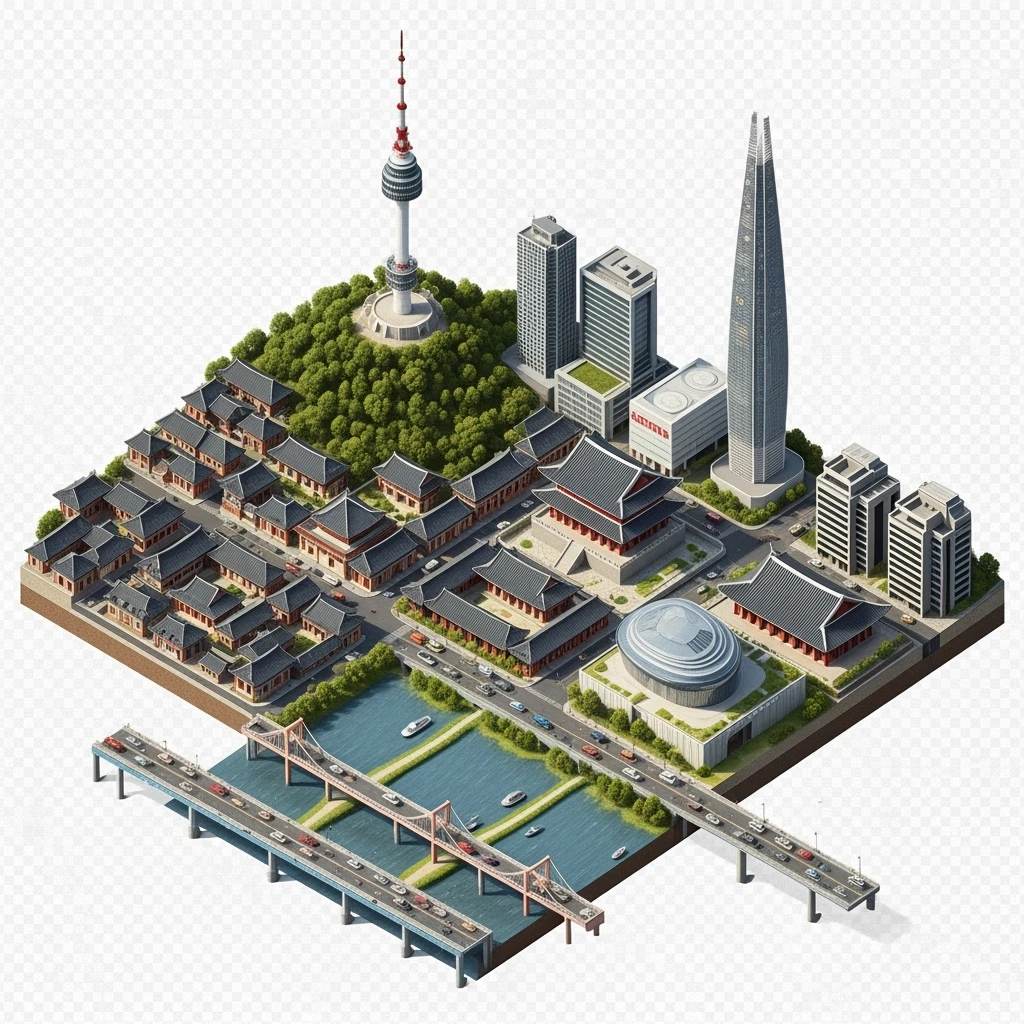 Isometric diorama of Seoul typical houses, Namsan Seoul Tower, Gyeongbokgung Palace, Lotte World Tower, Dongdaemun Design Plaza, and Han River bridges, 3D miniature effect and Tilt Shift effect, no cartoonish look, transparent background. emoji