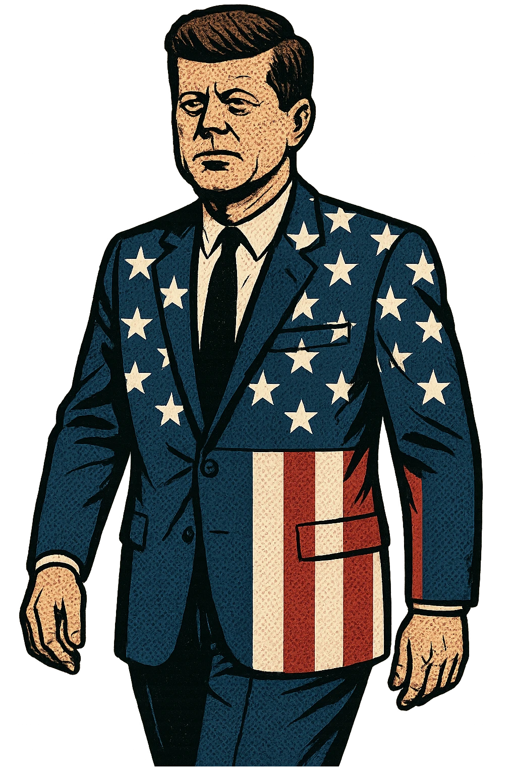 The full body of a male middle aged American President with brown hair who looks like  JFK wearing a suit with the US stars and stripes jacket looking seriously emoji