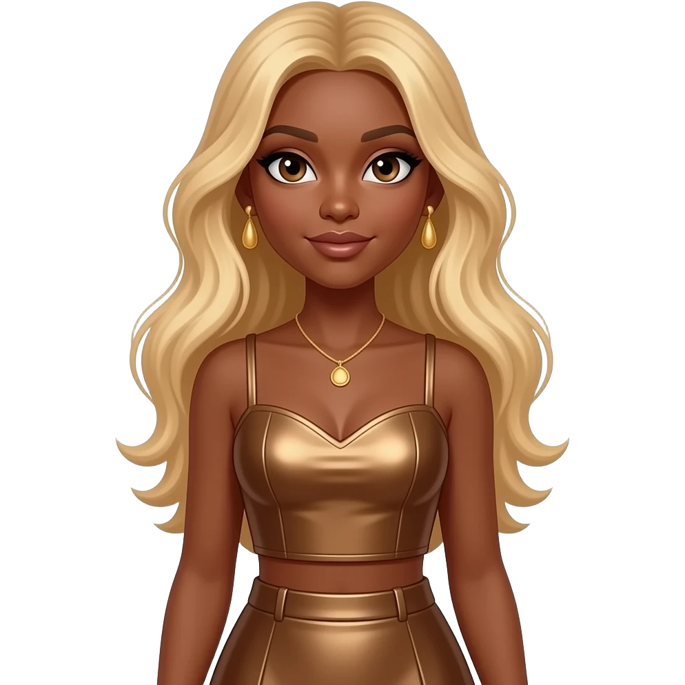 Victoria Monét with brown skin, brown eyes, long blonde hair, brown metallic sweetheart crop top, brown metallic skirt, necklace and earrings emoji