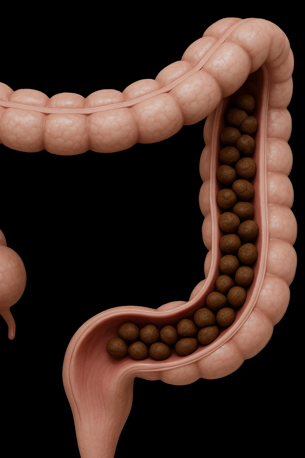 colon umano anatomico con feci a pallini all'interno, stipsi, iperrealistico 4k emoji