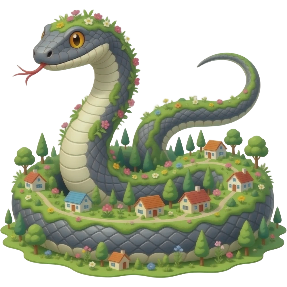 A snake that is gray and also flowers in grass on it in Giant and also that has houses and even villages on it in trees Andrea eyes and also with emoji
