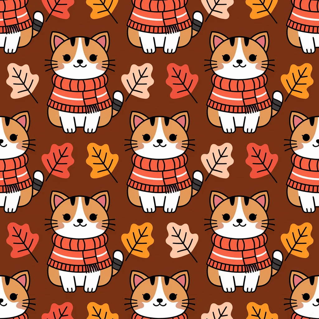 cute cats in scarves and sweaters, seamless pattern, autumn colors, warm and cozy vibe, playful cartoon style emoji