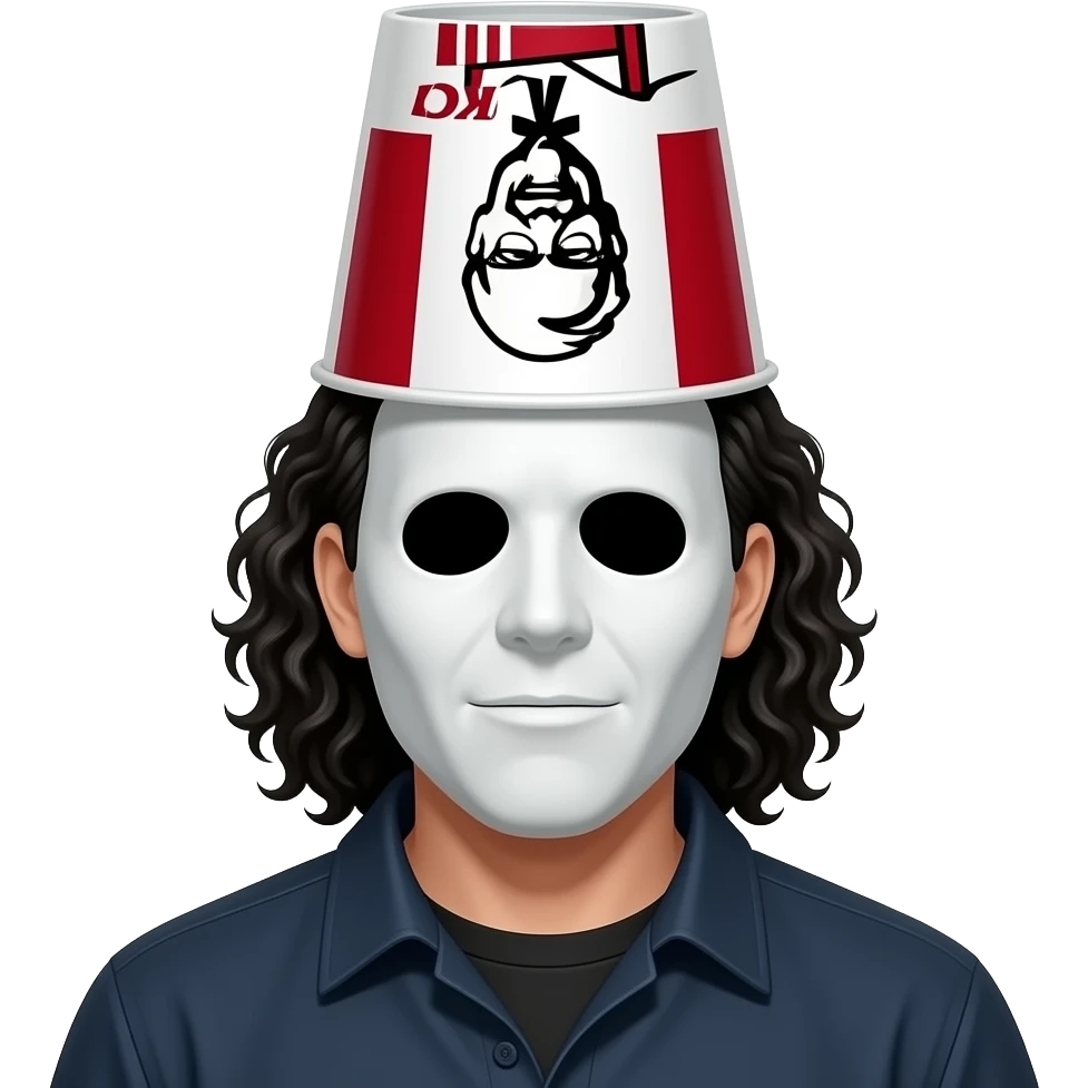 Man with curly super long black hair and solid white Halloween michael myers mask and kfc bucket upside down on his head emoji