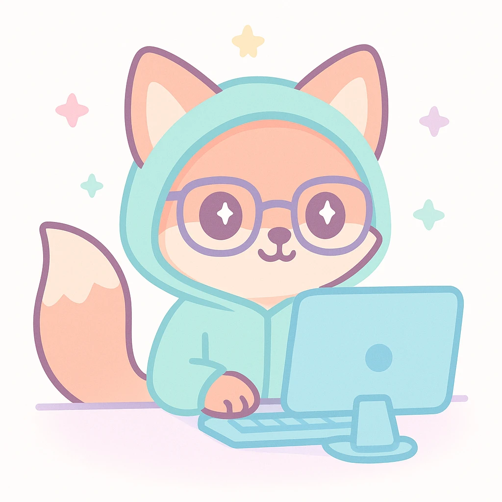 clever fox programmer-hacker wearing a hoodie and glasses, sitting at a computer, anime style, expressive eyes, dynamic angle, blurred background emoji