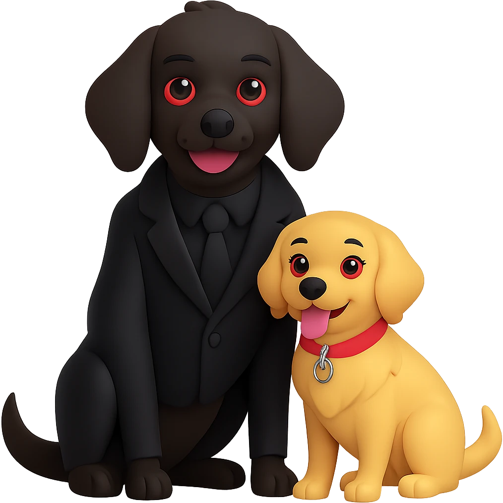 Change the vampire to have brown skin and dress all in black, keep the vampire on the left and the happy golden retriever on the right, preserve the 3D emoji style, keep the background transparent. The style to emulate is 3D emoji style with transparent background. emoji