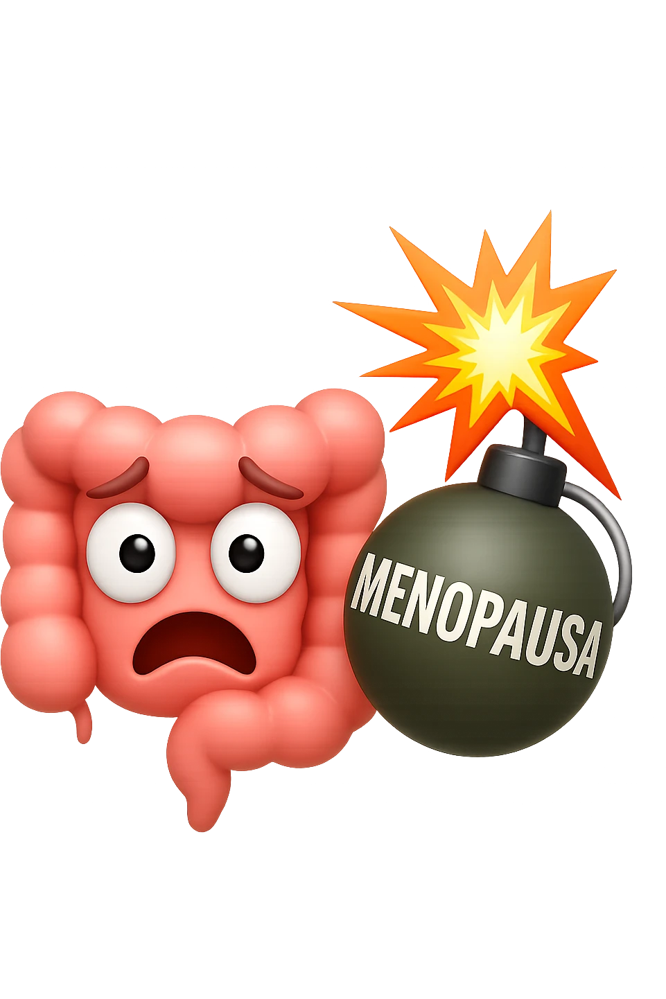 EMOJI STILE IPHONE 3D DI INTESTINO 3D CON ESPRESSIONE SPAVENTATA IN VOLTO MENTRE ACCANTO A LUI SCOPPIA UNA GRANATA 3D CON LA SCRITTA "MENOPAUSA" SOPRA, FAGLI ANCHE LA PARTE BIANCA DEGLI OCCHI, NON SOLO LA PUPILLA emoji