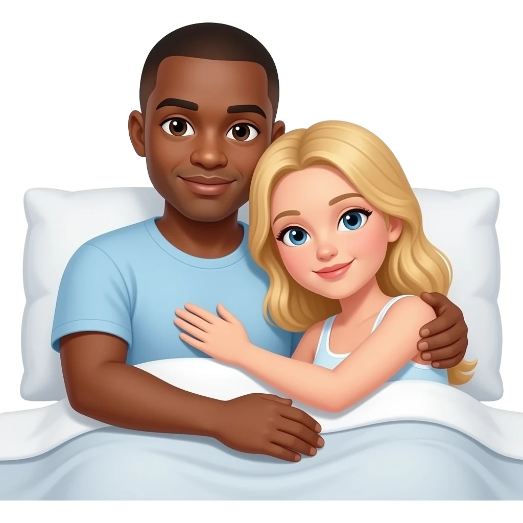 Black man with shaved head cuddling in bed with blonde woman emoji