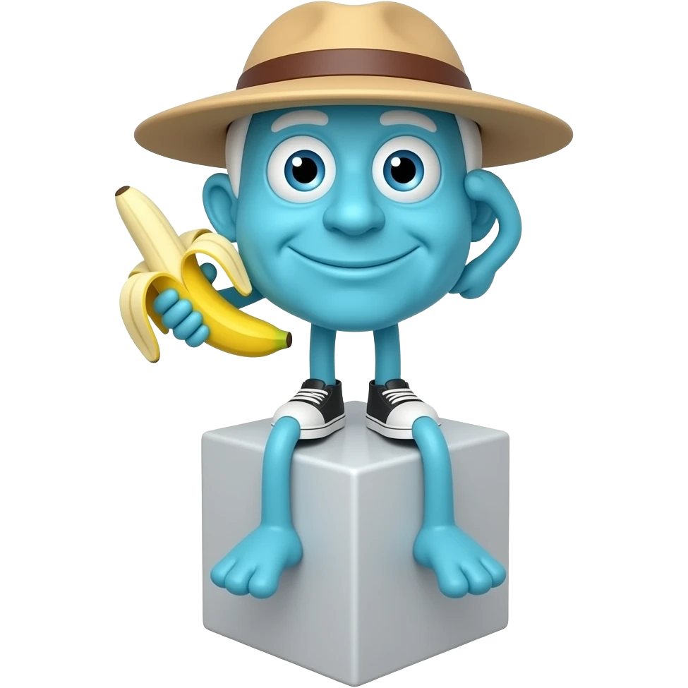 a blue emoji with 3 eyes, wearing a hat, holding a banana, standing on a cube emoji