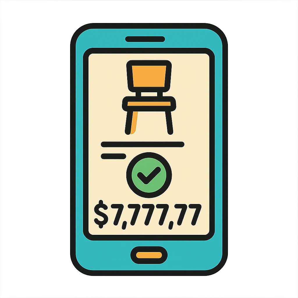a furniture order confirmation on a phone screen, displaying $7,777,777, color outline style emoji