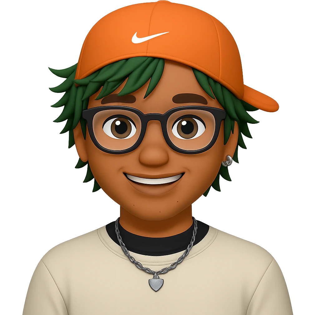 Make the orange cap's visor clearly visible on the back of the head, add more messy green hair in front, and put a small Nike logo on the front of the cap. Keep the street style and big smile. Transparent background. emoji
