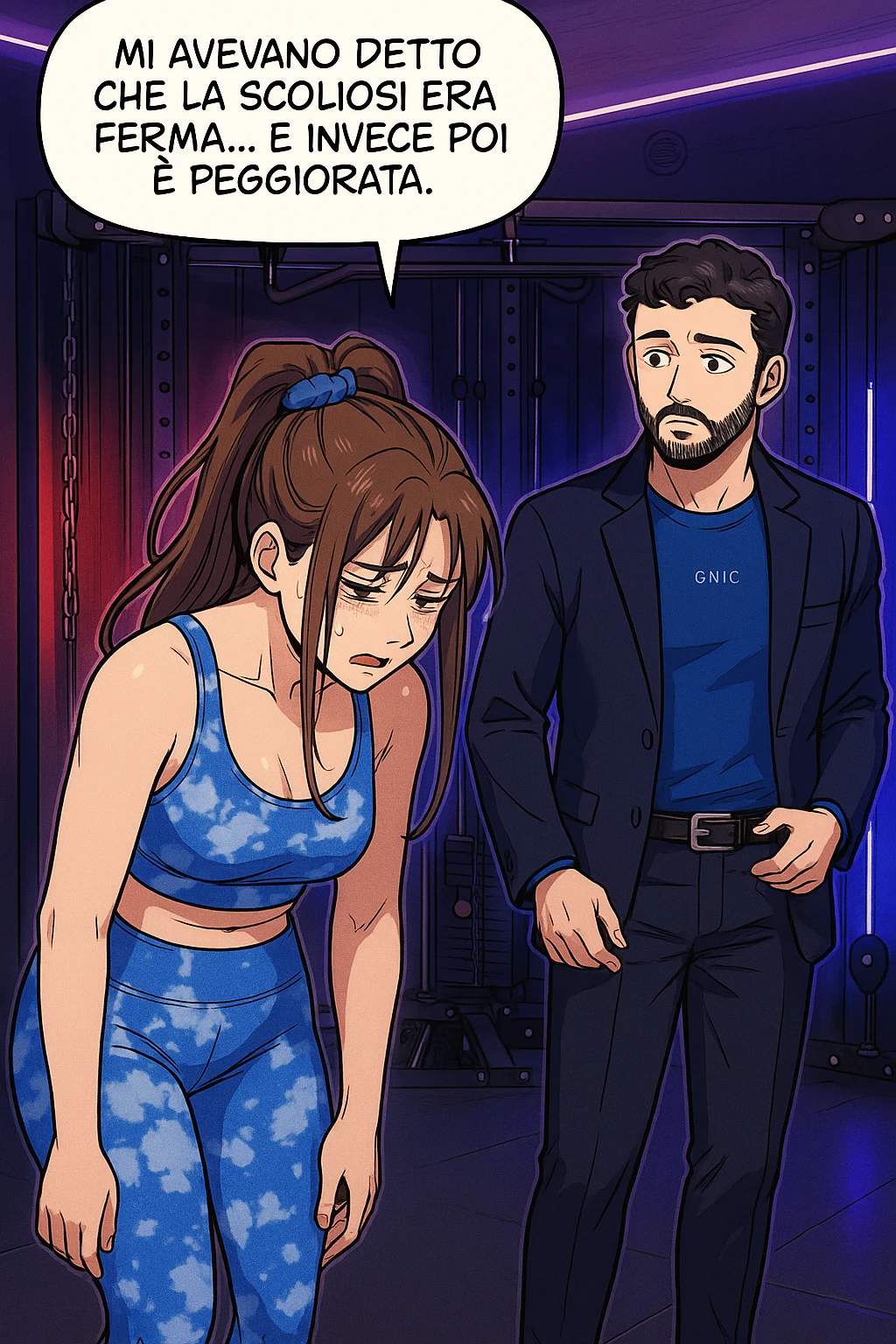 fai questa immagine in versione fumetto/manga/webtoon a colori, il manga mostra la donna disperata con un fumetto sulla testa che dice:
Mi avevano detto che la scoliosi era ferma… e invece poi è peggiorata.
 emoji