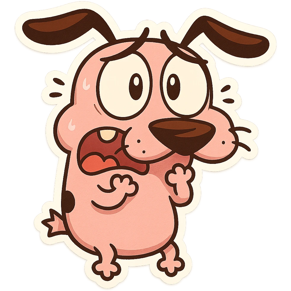 Courage the Cowardly Dog emoji, scared expression, pink dog, cartoon style emoji