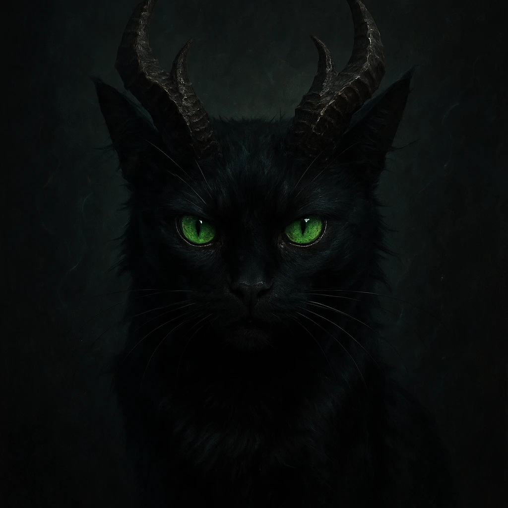 black cat with green eyes and demon horns, visually striking style emoji