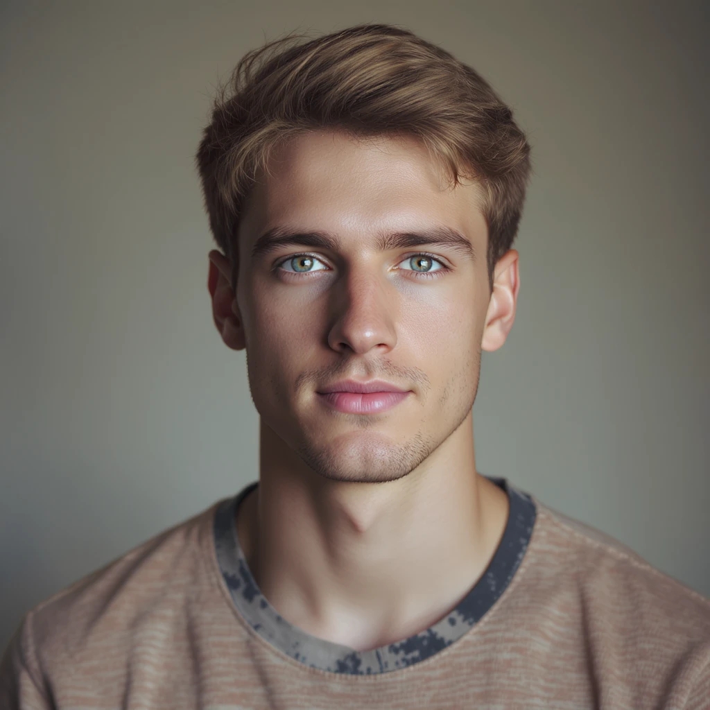 realistic style, young man with dark blonde hair and blue eyes, simple background emoji