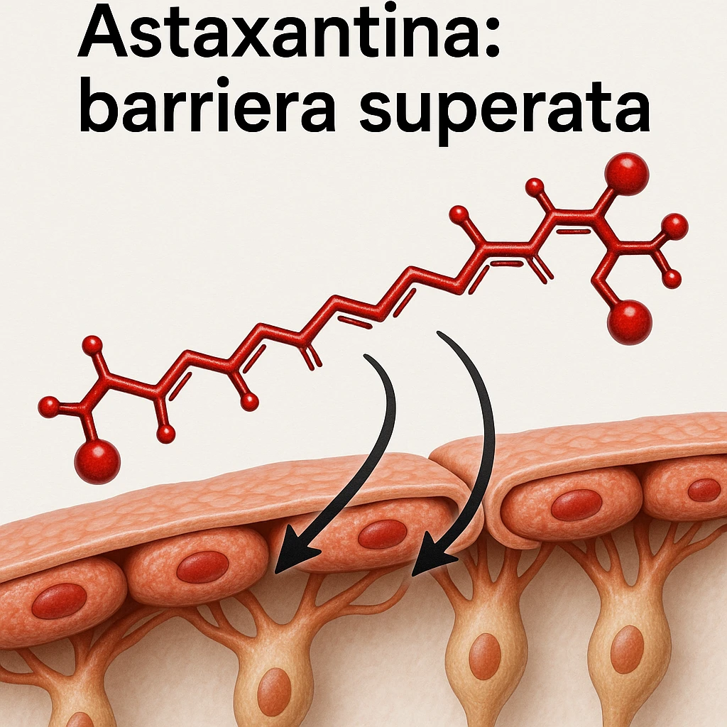 hyper realistic red astaxanthin molecule crossing an anatomical blood-brain barrier, scientific atmosphere, white background, arrows showing passage, with text 'Astaxantina: barriera superata' emoji