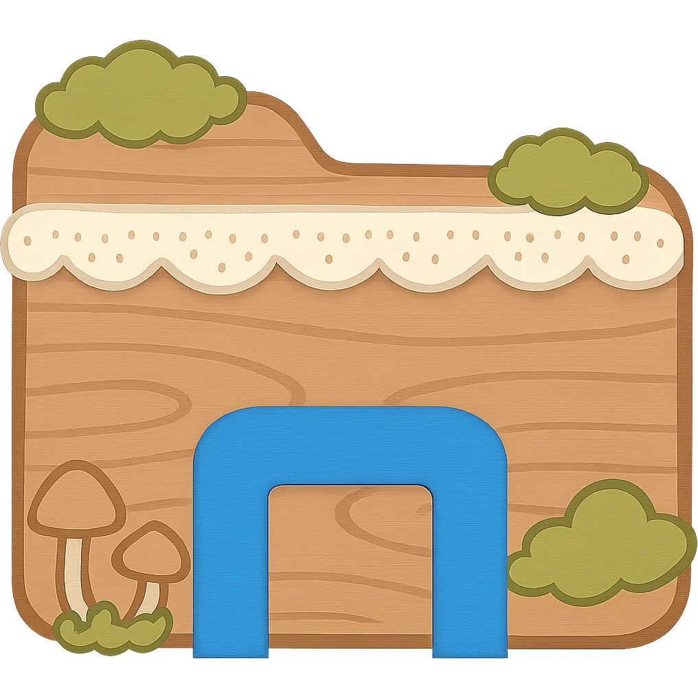 In the style of the provided icon, add a bright blue archway at the bottom center. The archway should match the shape and color of the blue piece from the File Explorer icon. Keep the rest of the icon unchanged, preserving the cottagecore theme with wood texture, lace, moss, and mushrooms. No words. Transparent background. emoji