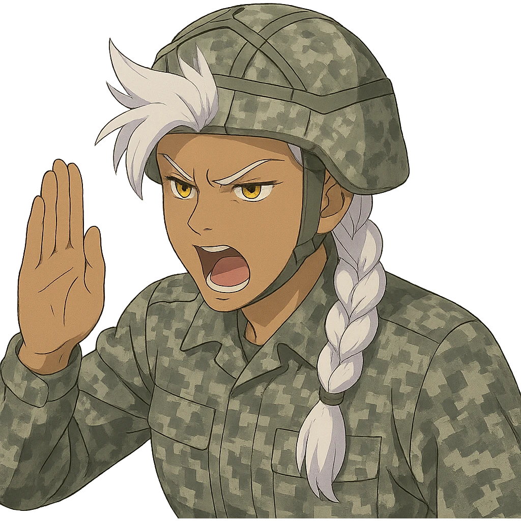 Style of Anime, 1 female, gold yellow eyes, white hair lavender tips, locks in front, mohawk, long white braid, she is a drill sergeant at work, focused facial expression, shouting command, eyes looking down in front of her, a blade hand  vertical palm gesture "to the forward" direction, uniform of gray large scale digital camo. her head is covered with a PAGS style wrapped ballistic helmet emoji