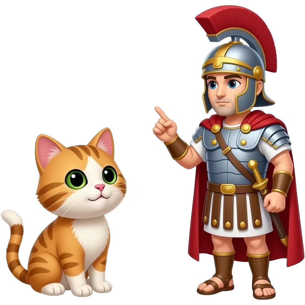 Un gatito enfrentandose al centurion romano que le hace preguntas de gramatica del latin emoji