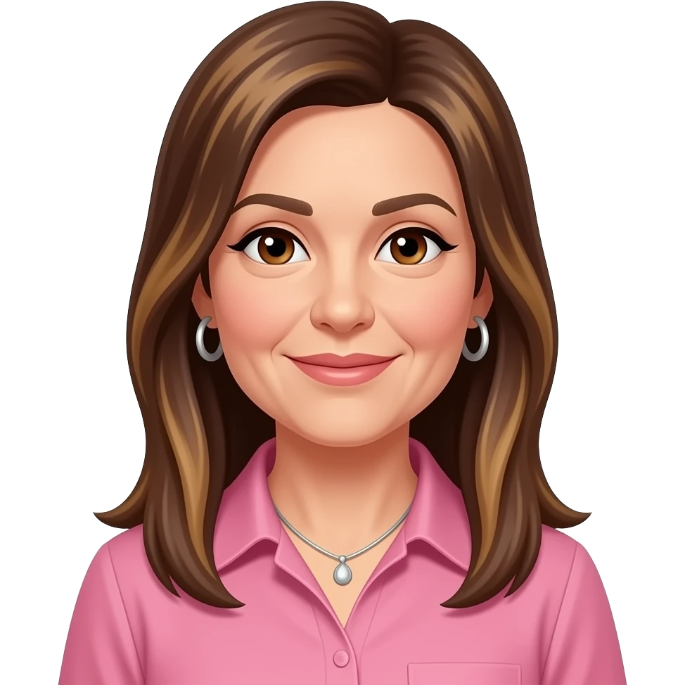 woman in 40s with brown long straight highlighed hair all one length with just a bit of layering at the front, pink formal shirt with collar, wearing hoop earrings and necklace, brown eyes, hoop earrings and necklace emoji