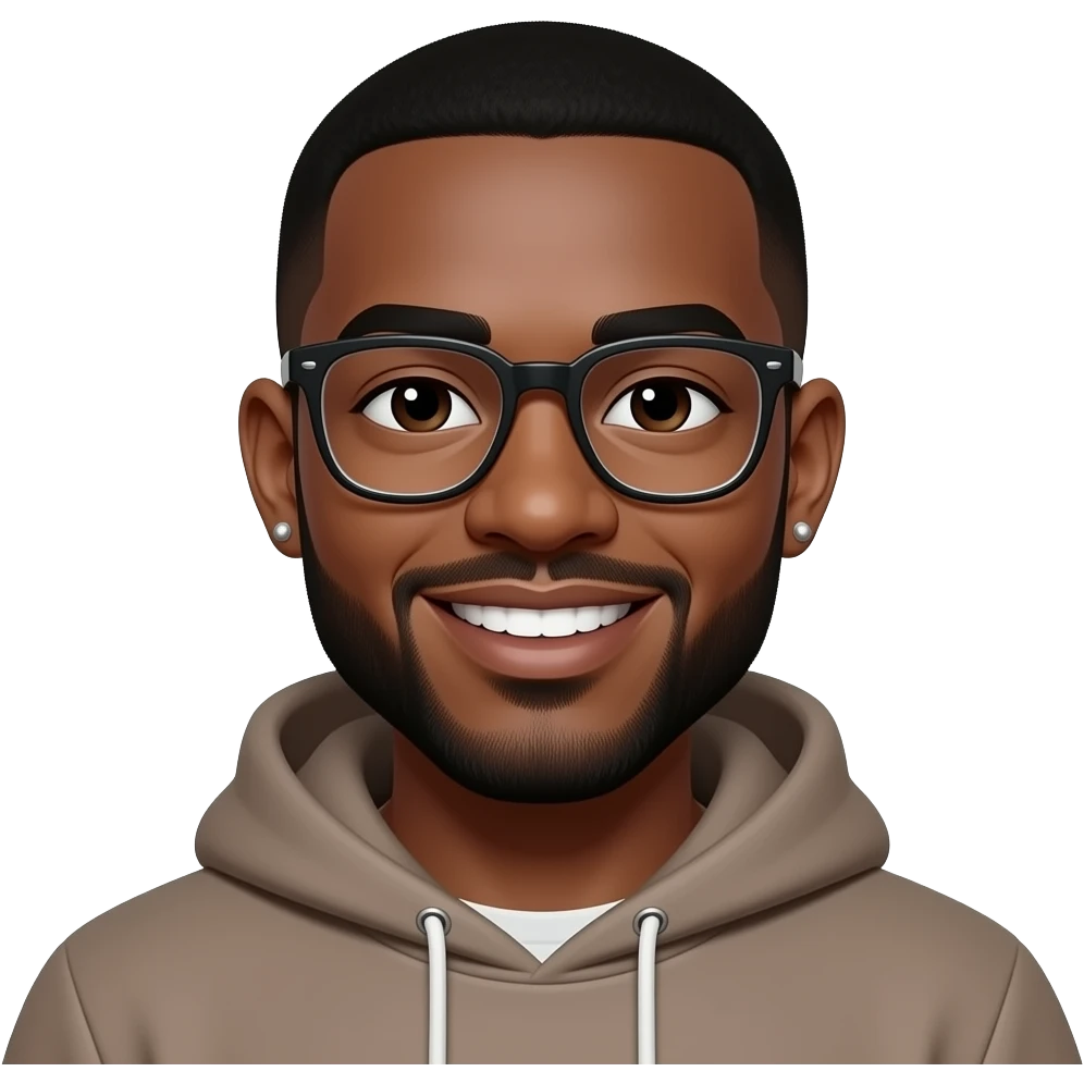 caramel skin black man in his 20s with buzzcut. dark brown eyes. beard. glasses. smiling. wearing a hoodie. stud earrings. emoji