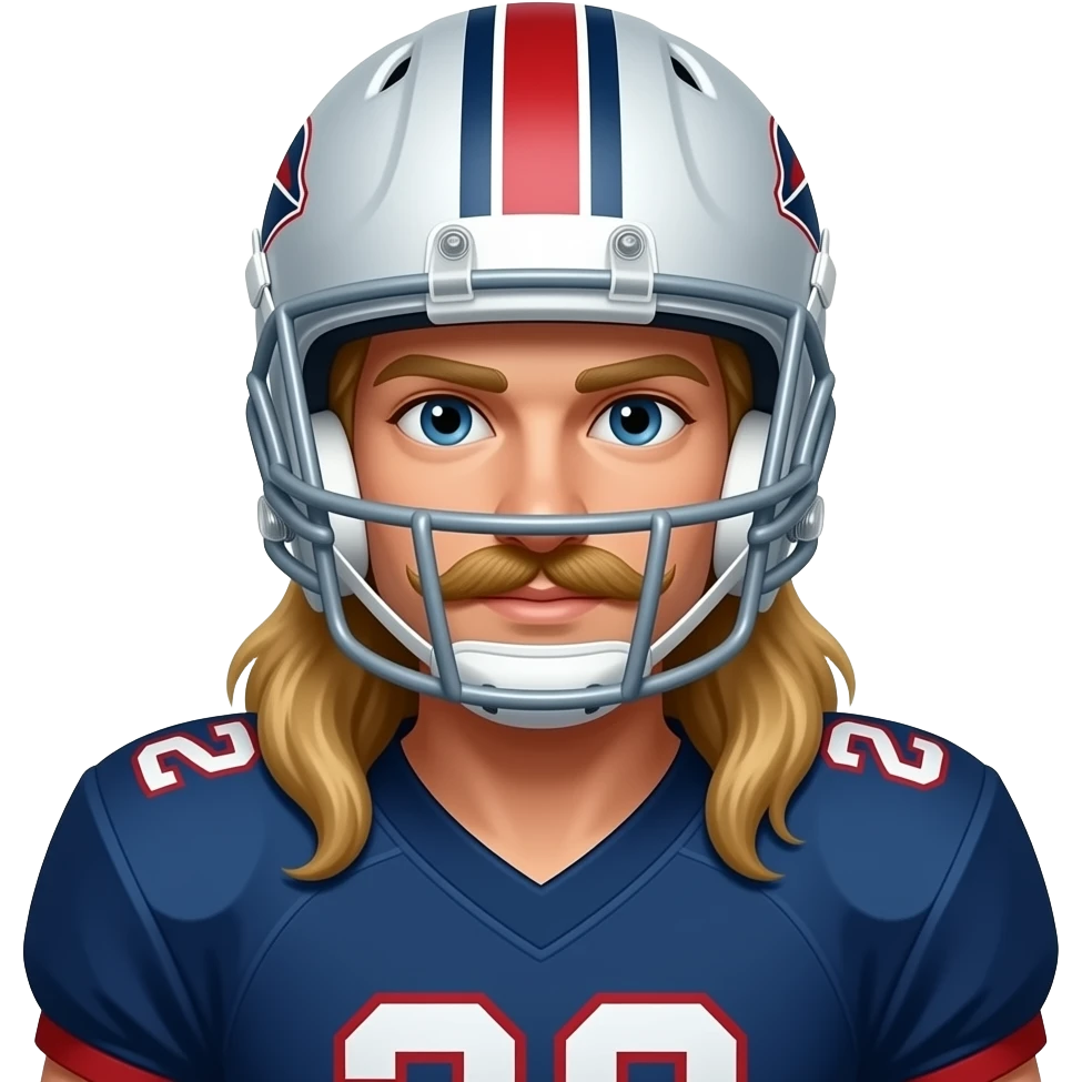 amrican football player half body close up with long golden hairs and mostace wear helmet emoji