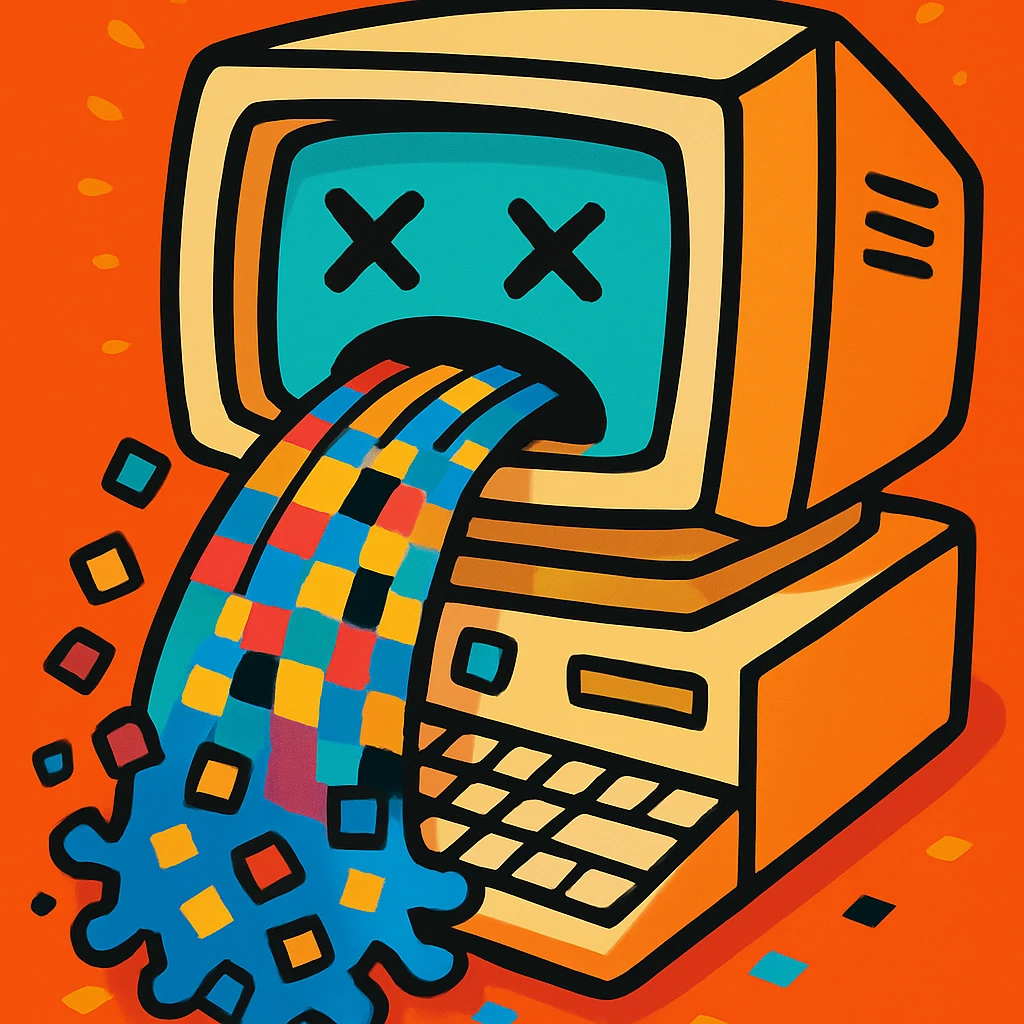 Make the image perfectly square, keeping the old computer monitor vomiting colorful pixels in vibrant cartoon style. Center the subject and ensure no important details are cropped. emoji