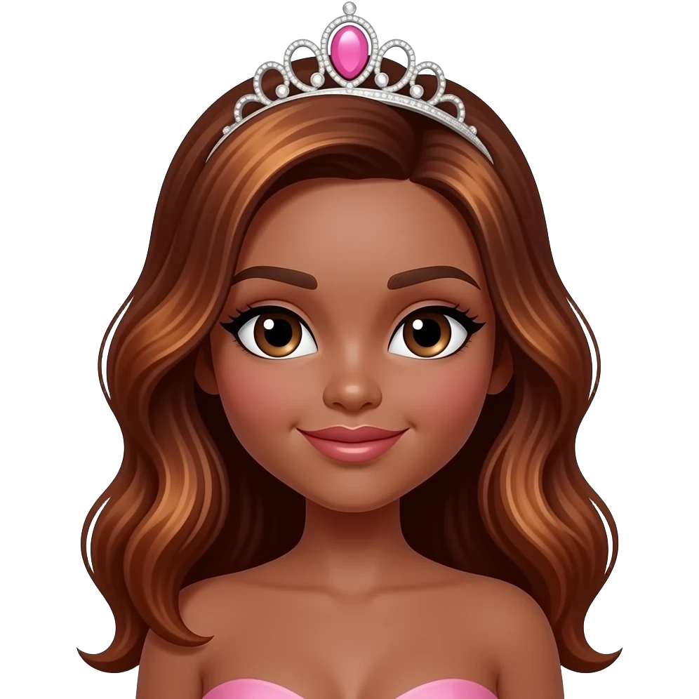 hair with pink tiara, Dark brown eyebrows,Dark brown skin, Doll shaped face, doll eyes, wavy with side part longer straightened auburn  hair with dark brown highlights, big breast no bra emoji