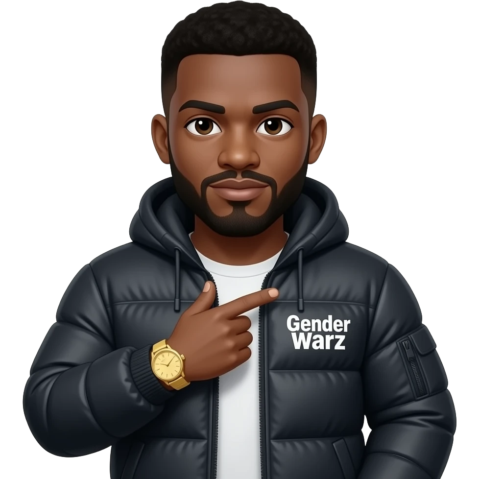 Black guy named Stackpack puffy jacket that says gender warz on it. Gold watch emoji