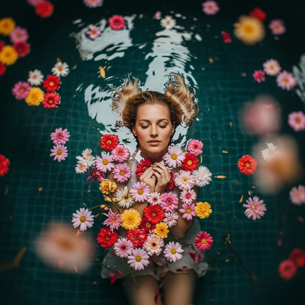 Camera drom top, Motion blur Extreme Closeup photo of a beautifull woman lay around beautifull colorfull flowers in water, cinematic light, 8K, very detailed, sharp, depth (foreground, midground, background) Spotlight, dark environemnt emoji