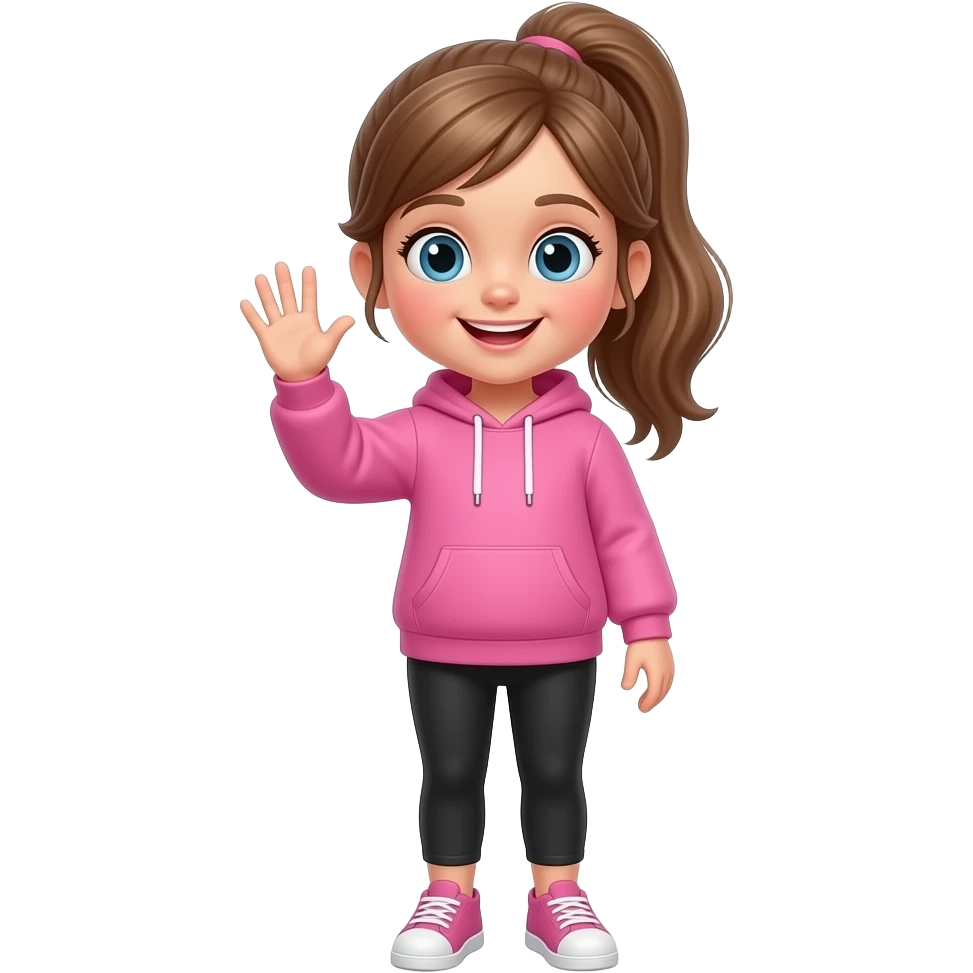 5 year old girl with long light brown hair in a half ponytail wearing black leggings and a pink sweatshirt waving hello emoji