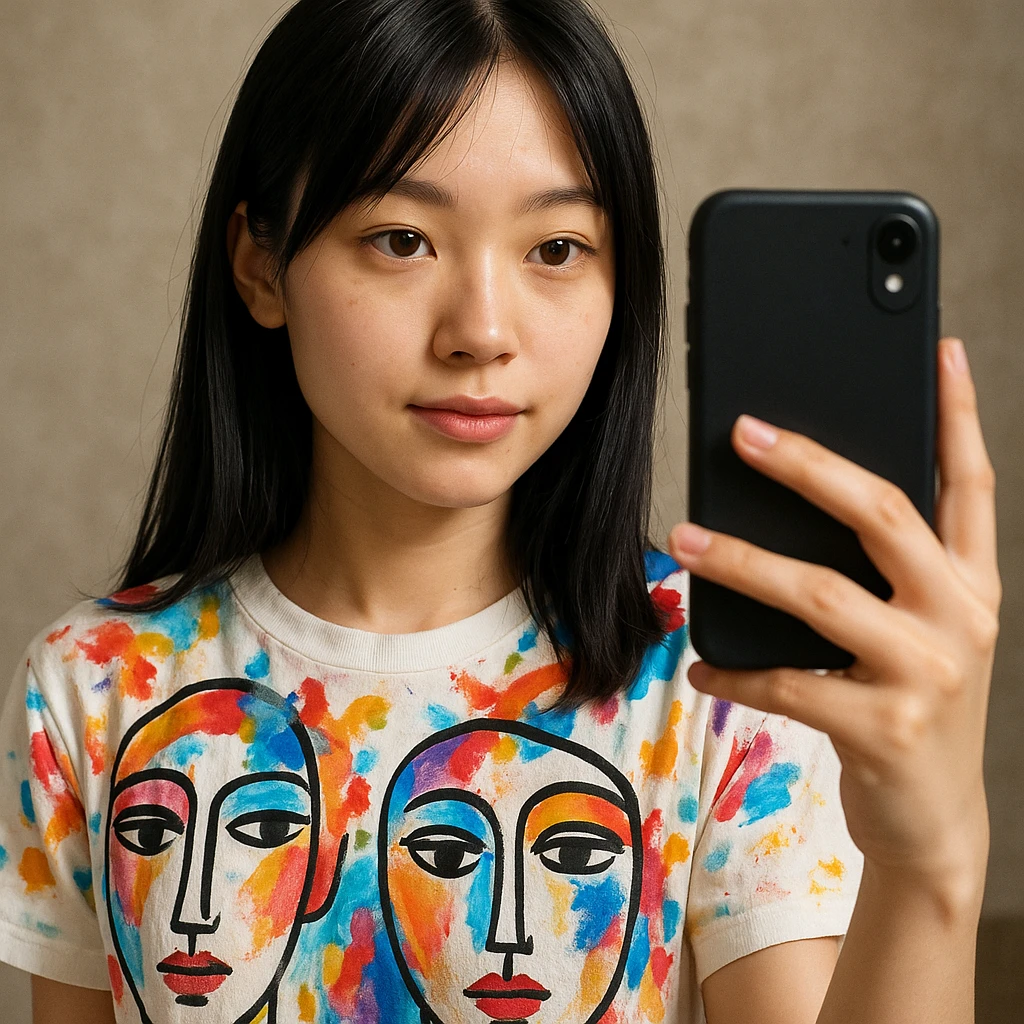 20 year old girl with straight, slightly long black hair, brown eyes, thin pink lips, wearing a face paint shirt, taking a selfie with a black phone emoji