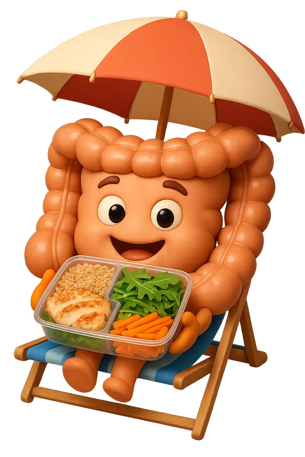 EMOJI STILE IPHONE DI INTESTINO IN SPIAGGIA SU UNA SPIAGGINA SOTTO L'OMBRELLONE CON IN MANO UNA SCHISCETTA DI Insalata di quinoa e pollo con rucola e carote, iperrealistica 4k emoji