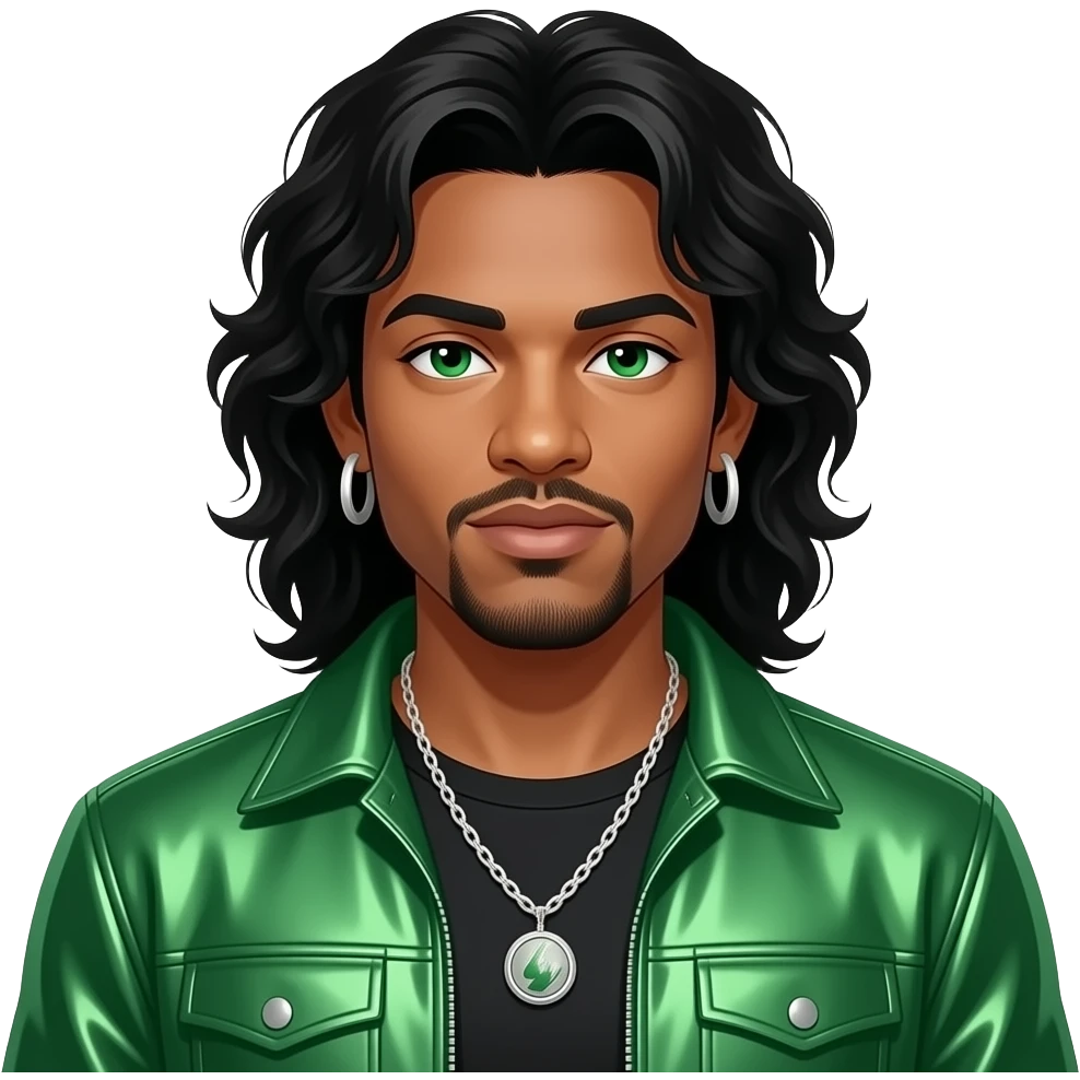 Sam Watters from Color Me Badd with light medium skin, green eyes, long black 90s hair, green metallic new jack swing outfit, necklace and earrings emoji