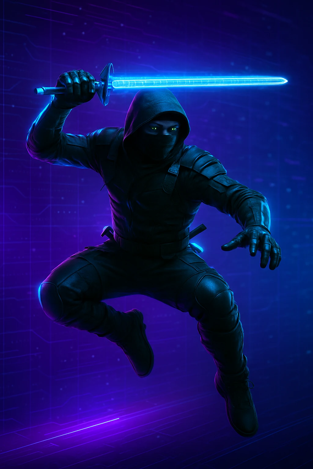 Add a glowing digital sword to the cyber ninja, keeping the original style and background intact. The style is cyber ninja with a digital, futuristic look, so the sword should have a glowing, high-tech digital effect that fits seamlessly with the cyber ninja theme. emoji