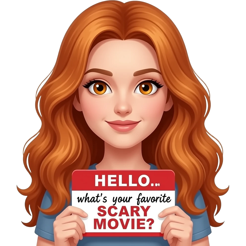 sexy girl with long wavy ginger hair and ginger eyes wearing a top is holding a HELLO... what's your favorite SCARY MOVIE? sign emoji