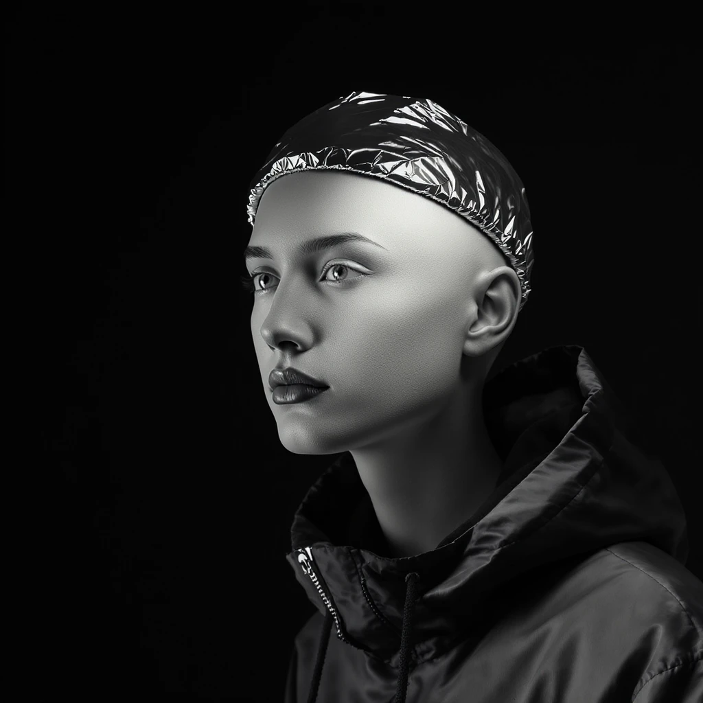 A black and white sphere with a head shape, wearing a small foil hat emoji