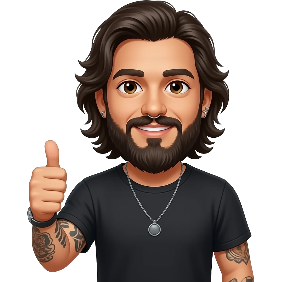 The handsome Latino podcast host with medium length hair, a long beard and tattoos with his ears pierced and a nose ring on the right side, giving a thumbs up emoji