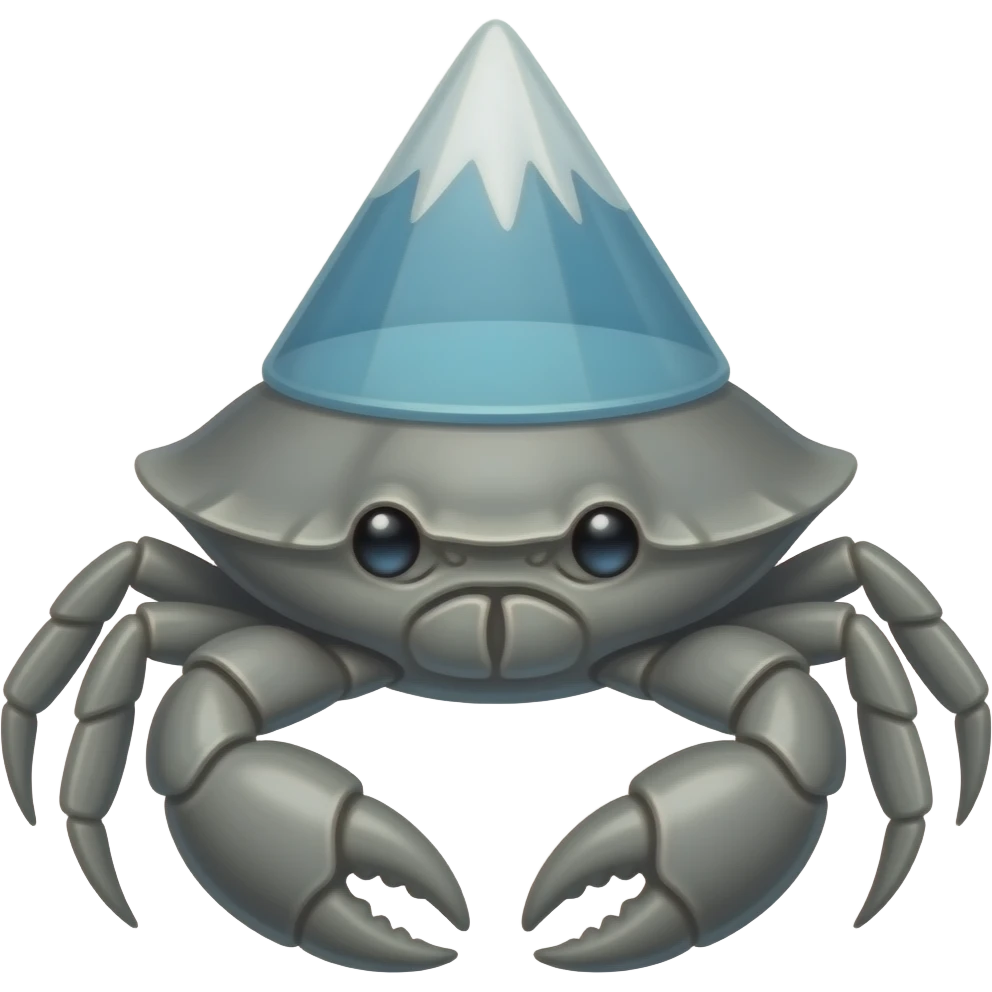 A gray crab facing forward with a mountain on his back with glass on it emoji
