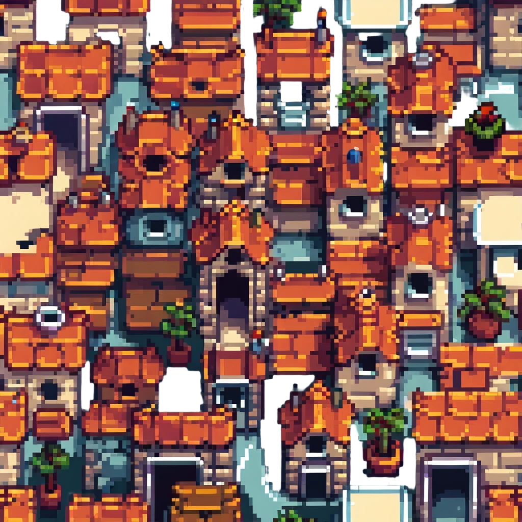 a small pixel art village with colorful rooftops emoji